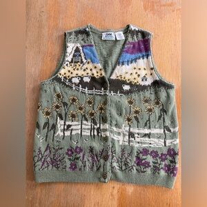 Vintage Northern Treasures Cottage Knit Vest Large Sunflowers Sheep Farm
